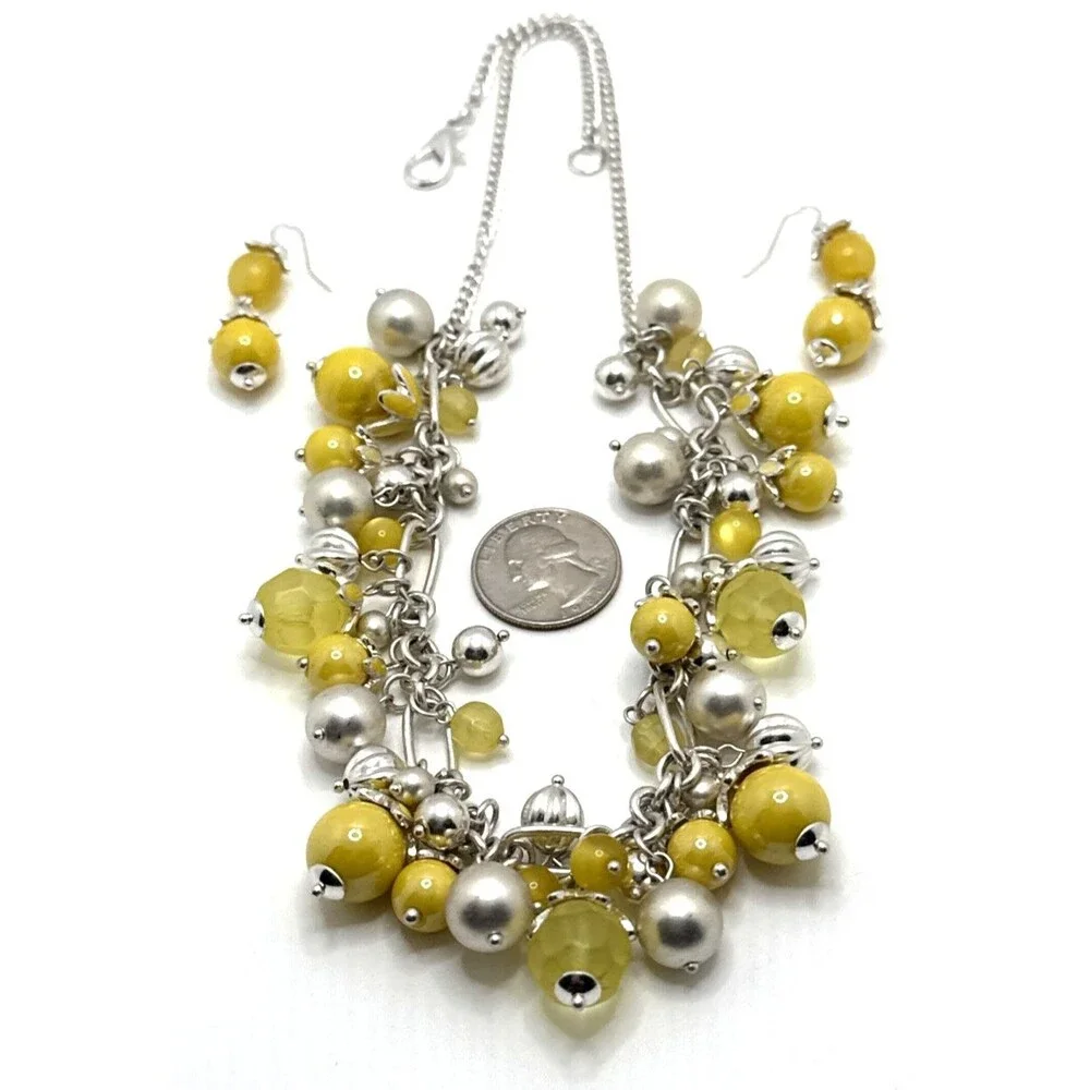 Yellow & Silver Bead Cha Cha Cluster Bib Necklace & Earrings Set Y2k Runway
